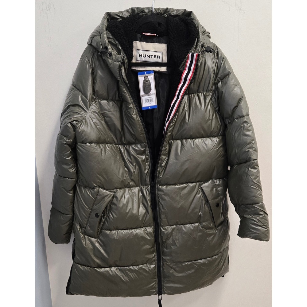 Hunter Womens Mid Length Puffer Jacket Green Sherpa Lined Hood Parka 1899945 L